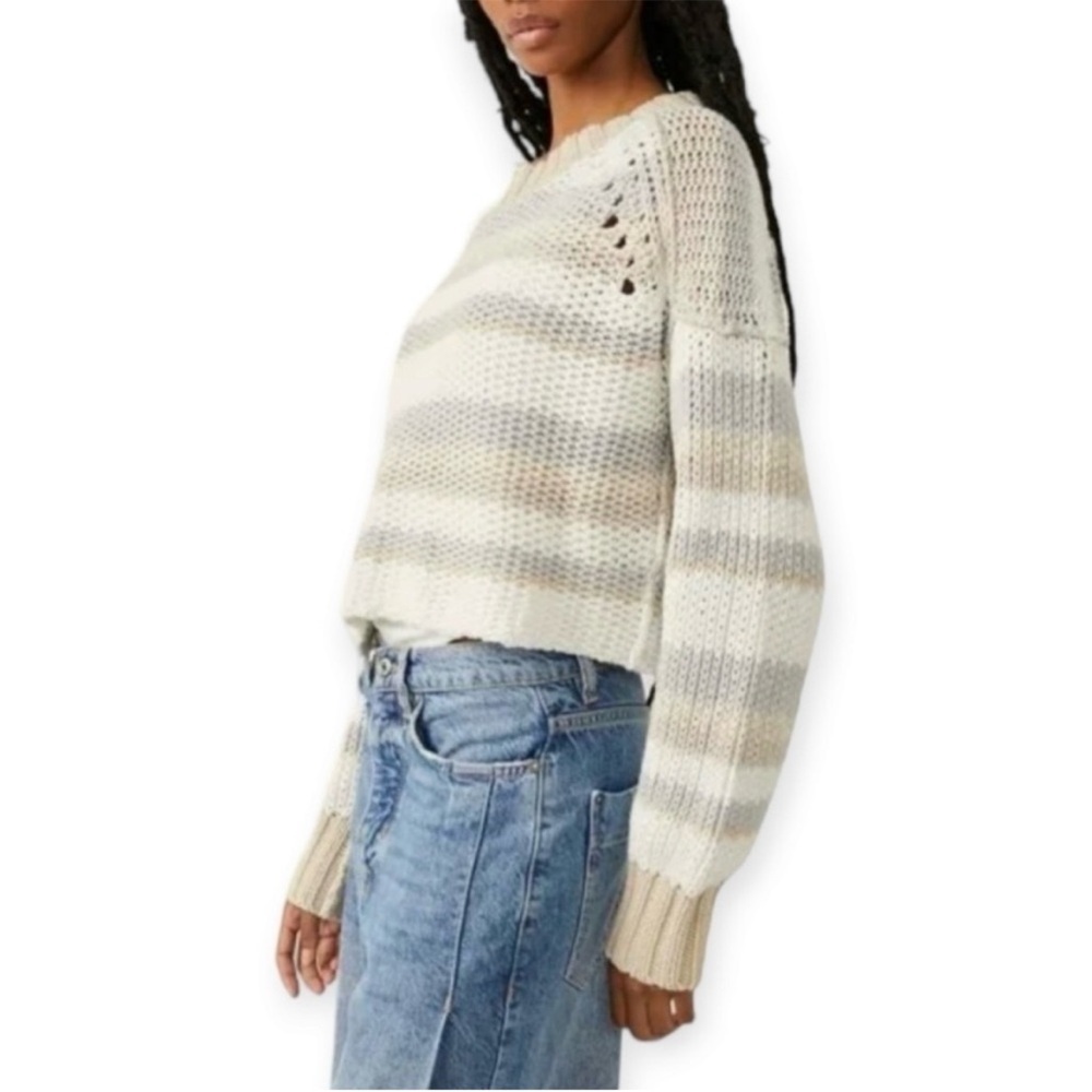 Free People Devon Cropped Sweater Gravity Combo Gray Cream Striped XS